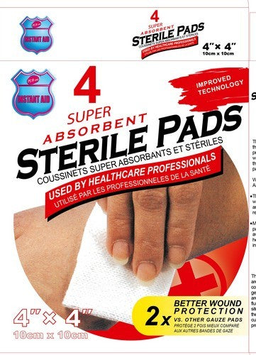 INSTANT AID 4pc STERILE PADS (GAUZE PADS)SUPER ABSORBENT 4in x4in ..