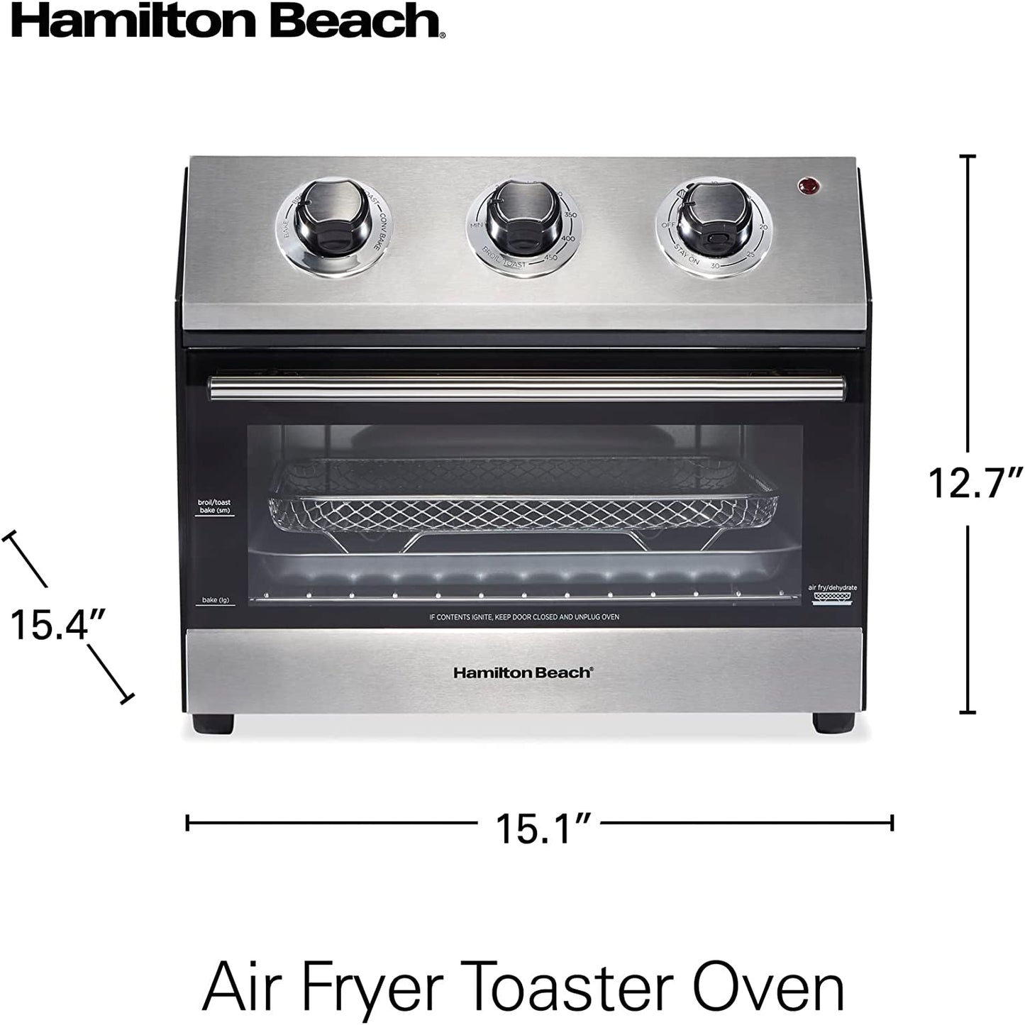 Hamilton Beach 31222 Air Fryer Countertop Toaster Oven, Includes Bake, Broil, and Toast, Fits 12” Pizza, 1800 Watts, 5 Cooking Modes, Black & Stainless Steel