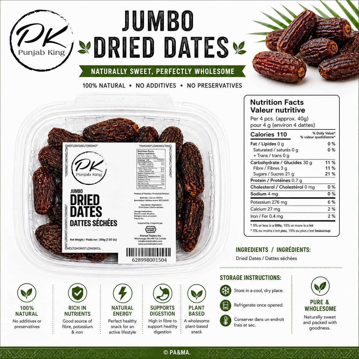 PK Punjab King Jumbo Dry Dates 200g – Premium Dried Dates | Natural Sweet Snack | High Energy & Fiber Rich