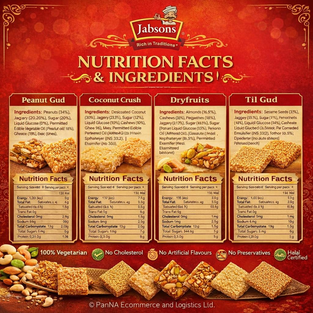 Jabsons Chikki Peanut Gud 400g – Traditional Peanut Brittle with Jaggery | High Protein Indian Sweet | 8g Protein Snack