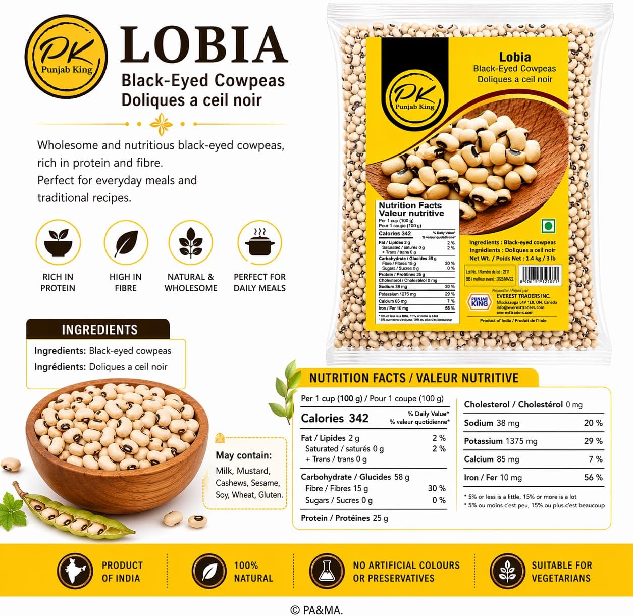 Punjab King Lobia (Black-Eyed Cowpeas) 1.4kg (3lb) – Whole Black Eyed Beans | High Protein Indian Legumes for Cooking