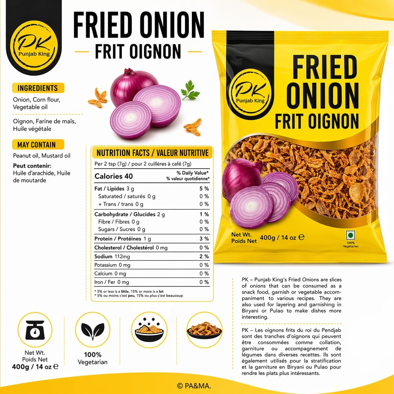 Punjab King Fried Onions 400g – Crispy Golden Brown Onions (Birista) | Ready-to-Use for Biryani, Curries & Garnishing