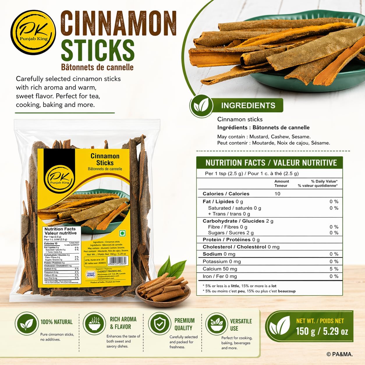 Punjab King Cinnamon Sticks 150g – Whole Dalchini (Ceylon Cassia) Spices | Aromatic Premium Cinnamon for Cooking, Baking & Tea