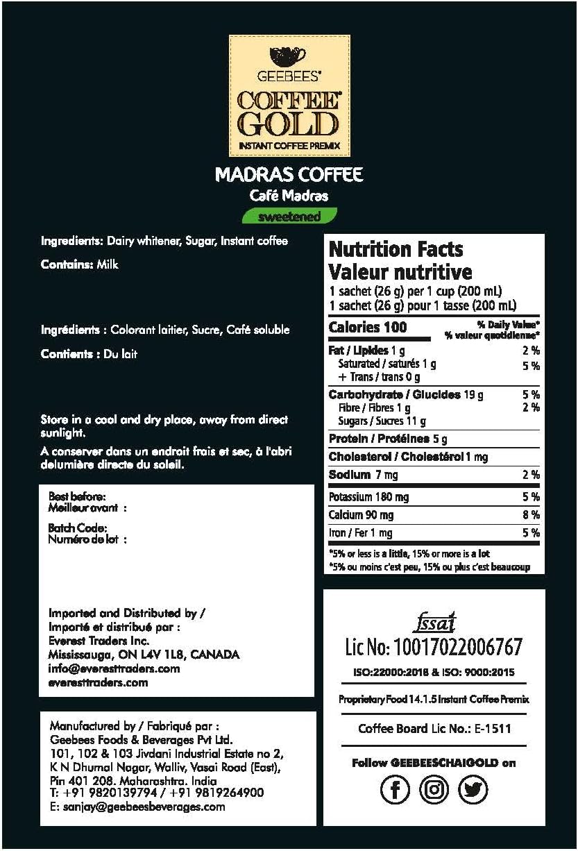 Geebees Coffee Gold Madras Coffee Instant Premix, Sweetened, 260g (9 oz), 10 Sachets, Café Style Filter Coffee, Quick & Easy Ready Mix