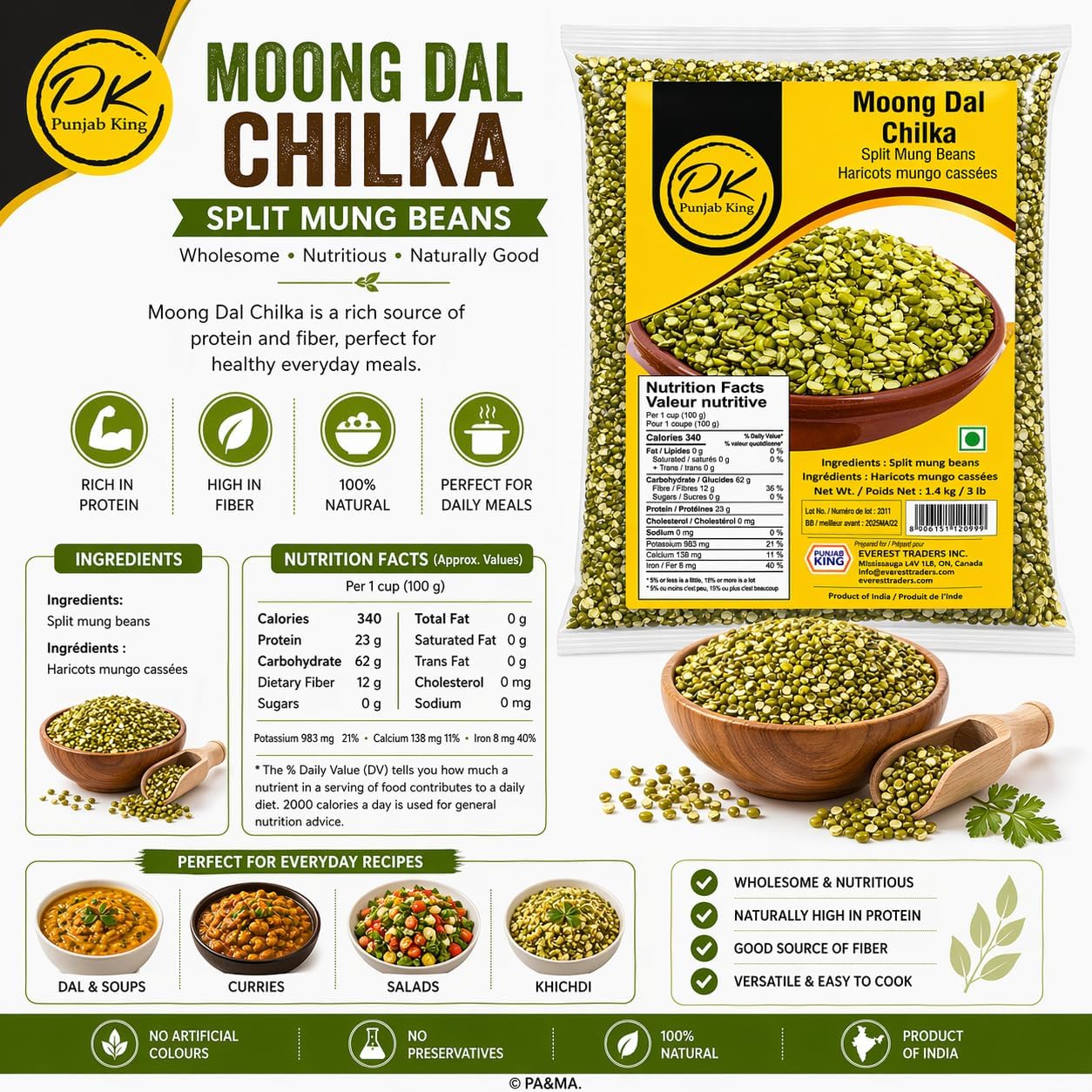 Punjab King Moong Dal Chilka 1.4kg (3lb) – Split Mung Beans with Skin | High Protein Indian Dal | Product of India