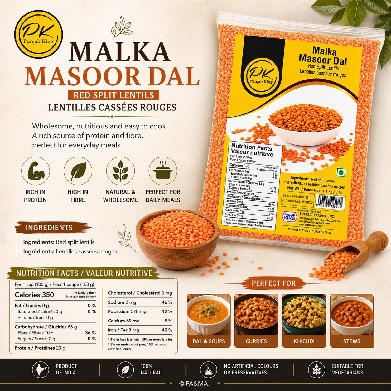 Punjab King Malka Masoor Dal 1.4kg (3lb) – Red Split Lentils | High Protein Indian Dal for Healthy Cooking