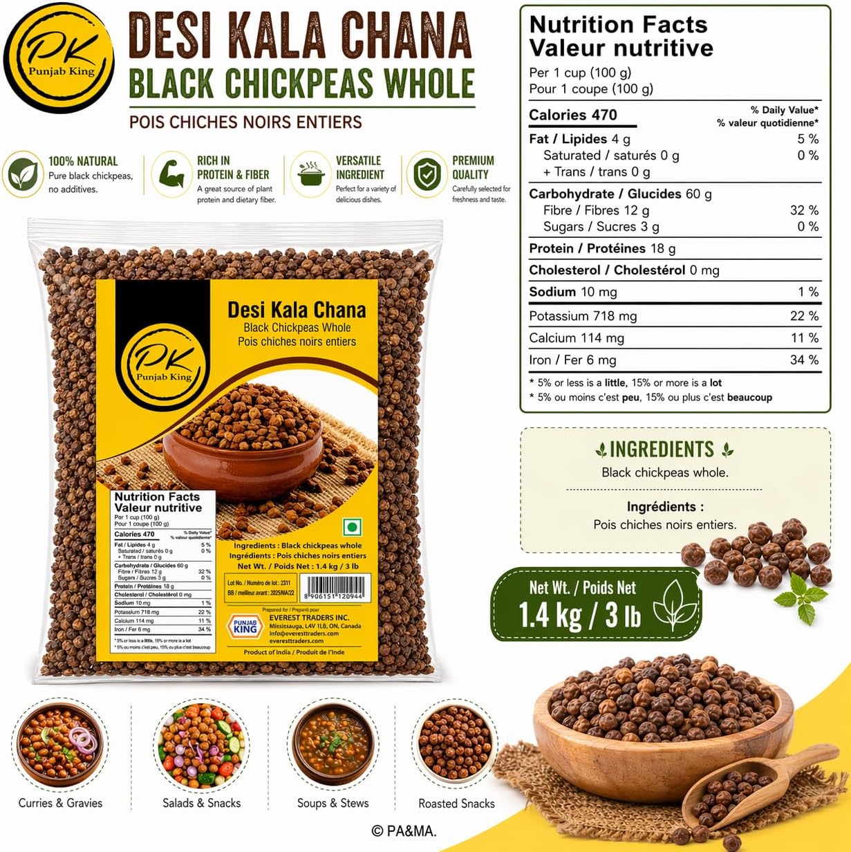 PK Punjab King Kala Chana 4lb (1.8kg) – Black Chickpeas | High Protein & Fiber | Whole Desi Chana for Cooking