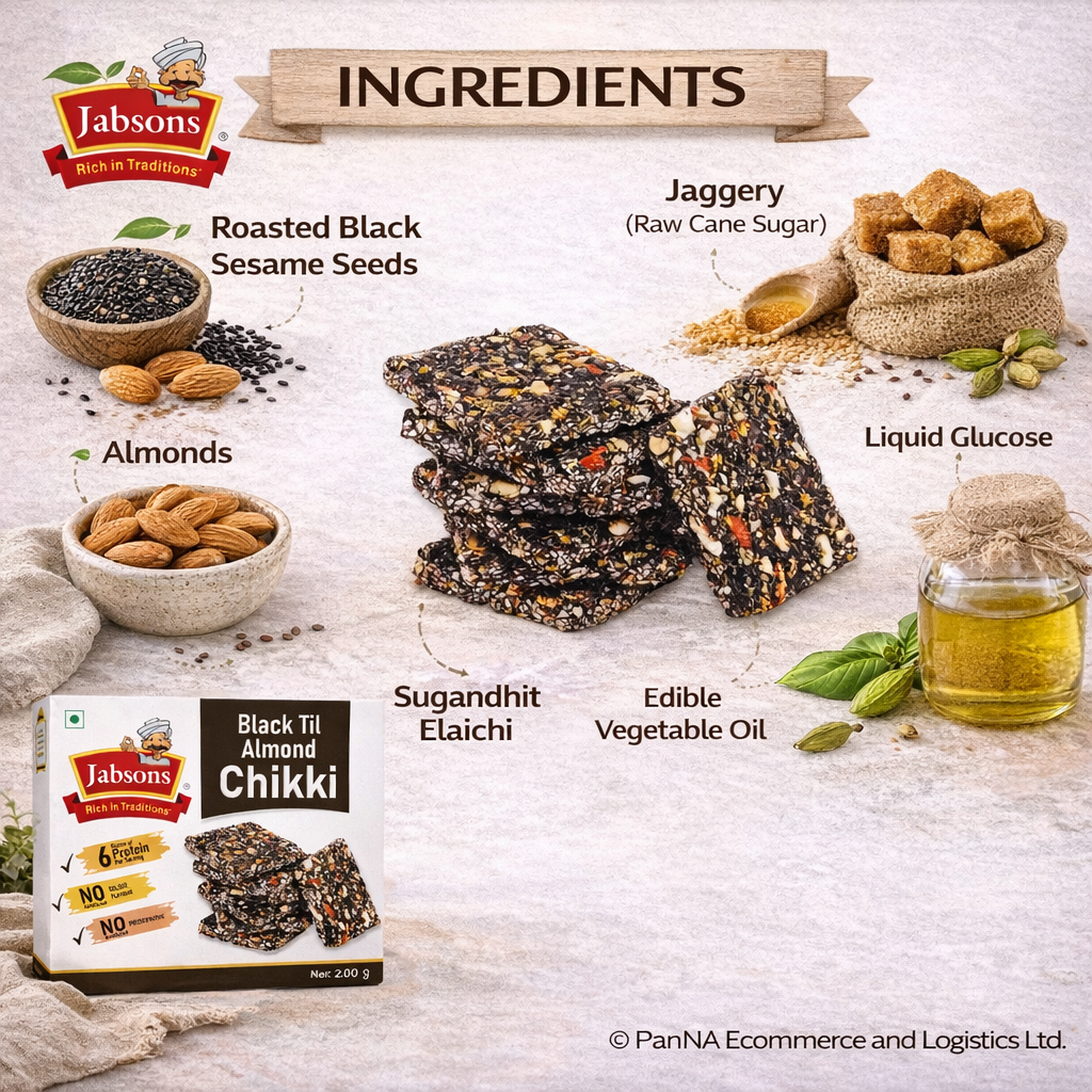 Jabsons Black Til Almond Chikki 270g – High Protein Sesame Almond Brittle | Healthy Traditional Indian Sweet | No Artificial Colour or Preservatives