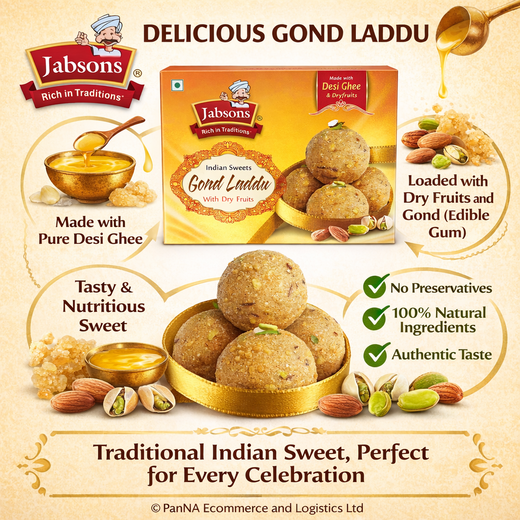 Jabsons Gond Laddu with Dry Fruits | Made with Desi Ghee | Traditional Indian Sweet | Energy Boosting Winter Sweet | Premium Mithai Gift Box | Healthy Ready-to-Eat Sweet