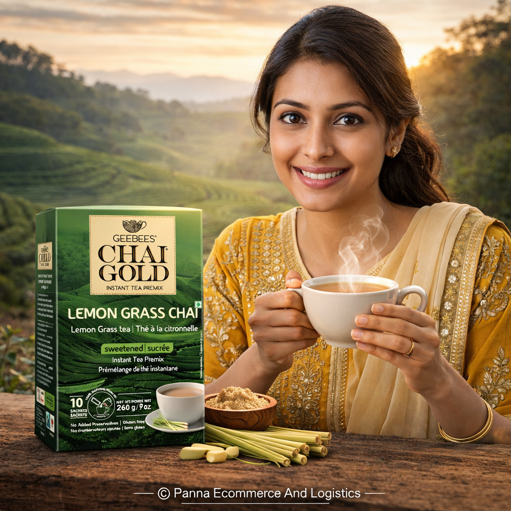 Geebees Chai Gold Lemon Grass Chai Instant Tea Premix, Sweetened, 260g (9 oz), 10 Sachets, Refreshing Herbal Lemongrass Tea, Quick & Easy Ready Mix