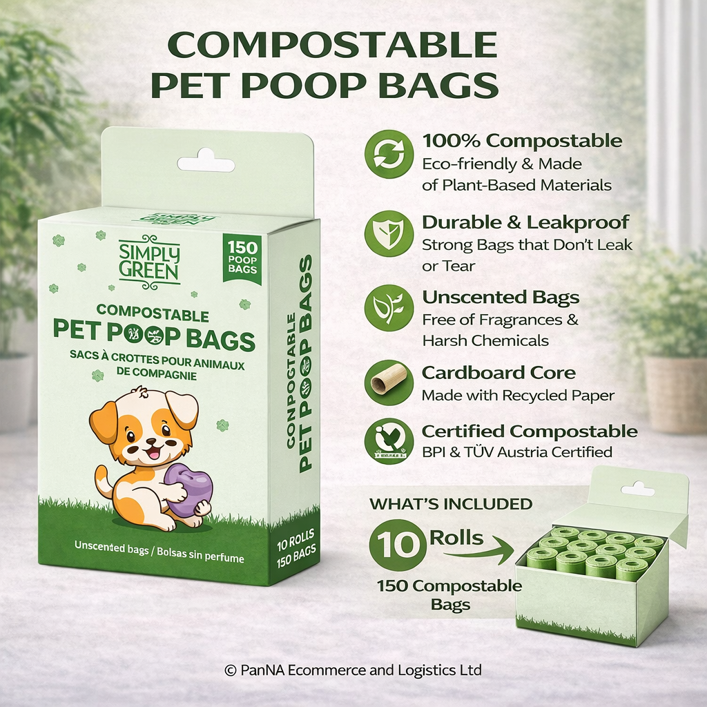 Simply Green Compostable Pet Poop Bags 150 Count (3 x 12 Rolls) – Eco-Friendly Dog Waste Bags, Leak-Proof, Unscented, Biodegradable Pet Waste Bags
