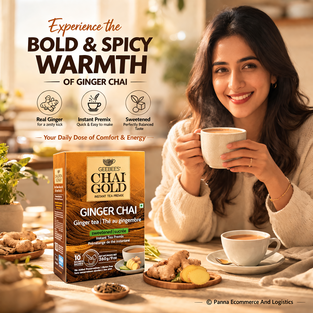 Geebees Chai Gold Ginger Chai Instant Tea Premix, Sweetened, 260g (9 oz), 10 Sachets, Authentic Indian Adrak Tea, Quick & Easy Ready Mix