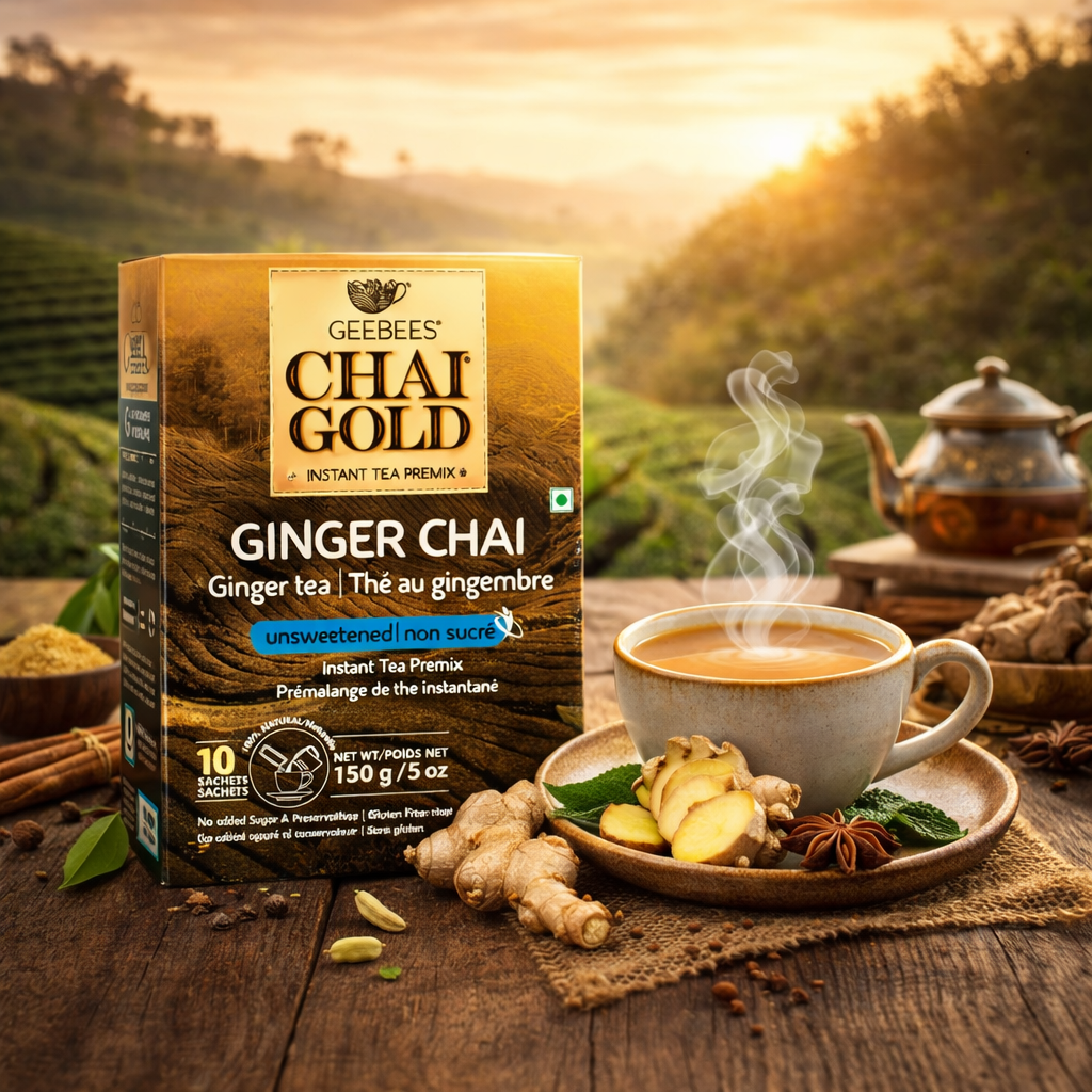 Geebees Chai Gold Ginger Chai Instant Tea Premix, Unsweetened, 150g (5 oz), 10 Sachets, Authentic Indian Adrak Tea, No Sugar, Quick & Easy Ready Mix