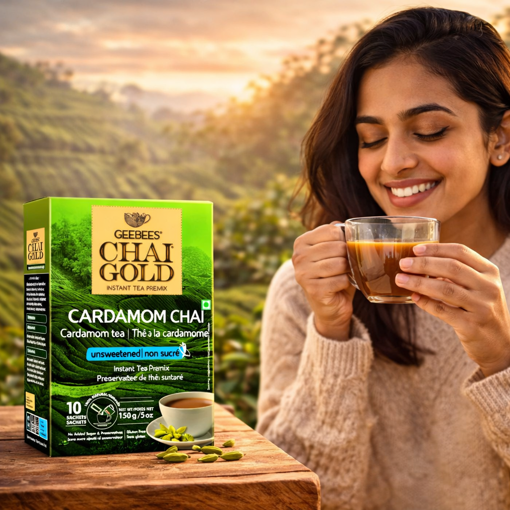 Geebees Chai Gold Cardamom Chai Instant Tea Premix, Unsweetened, 150g (5 oz), 10 Sachets, Authentic Indian Elaichi Tea, No Sugar, Quick & Easy Ready Mix