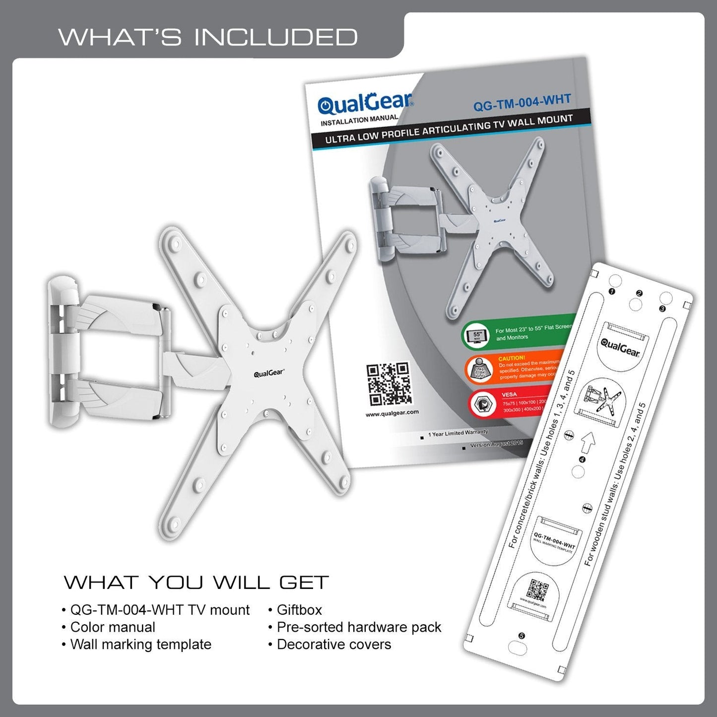 QualGear QG-TM-004-WHT 23-Inch to 55-Inch Premium Quality Contemporary Style Ultra Low Profile Full Motion TV Wall Mount LED TVs, White [UL Listed]
