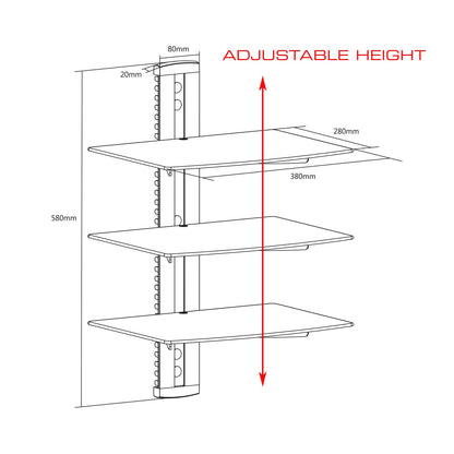 QualGear® Universal Triple Shelf Wall Mount for A/V Components upto 8kgs/17.6lbs(x3), Black (QG-DB-003-BLK)