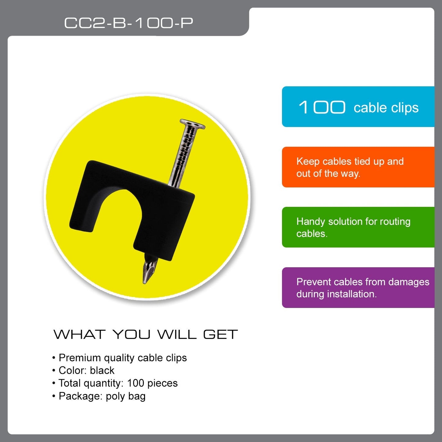 QualGear® CC2-B-100-P Premium Quality RG6 Cable Clips, 100 Pack