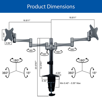 QualGear QG-DM-02-016 3 Way Articulating Dual Desk Mount for 13-27 Inches Flatpanel Monitors, Silver