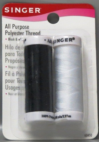 SINGER 2 ALL PURPOSE POLYESTER THREAD SPOOLS - BLACK & WHITE - 150 YDS EACH - 100% POLYESTER......