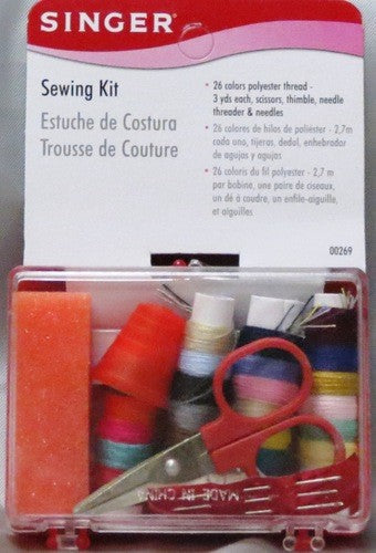 SINGER SEWING KIT IN STORAGE BOX - 34 PCS - INCLUDES MINI SCISSORS, THIMBLE, PIN CUSHION, 3 NEEDLES, NEEDLE THREADER, 26 ASSORTED COLORS THREAD (3 YDS EACH) X 3-INNER X 3......