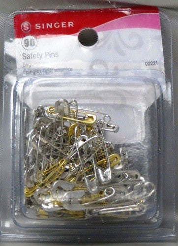 SINGER 90 ASSORTED SAFETY PINS - SIZES 00, 3/4 " - 0, 7/8" - 1, 1-1/16" - 2, 1-1/2" - CARBON STEEL..