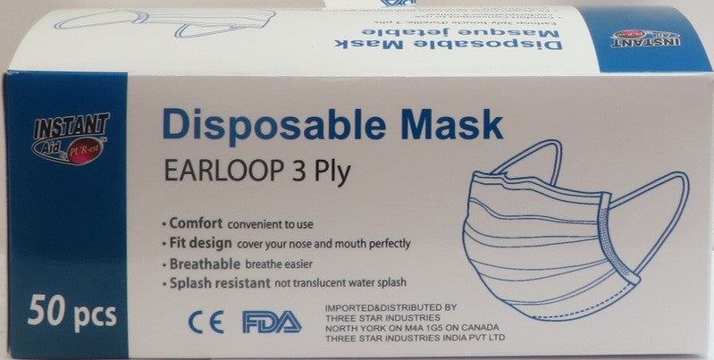 INSTANT AID DISPOSABLE 3PLY FACE MASK 50PK WITH POLYBAG IN BOX X 40