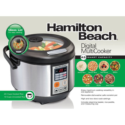 Hamilton Beach 4.5 Quart Digital 37523 Multi-Cooker, Rice Cooker, Slow Cooker, Food Steamer