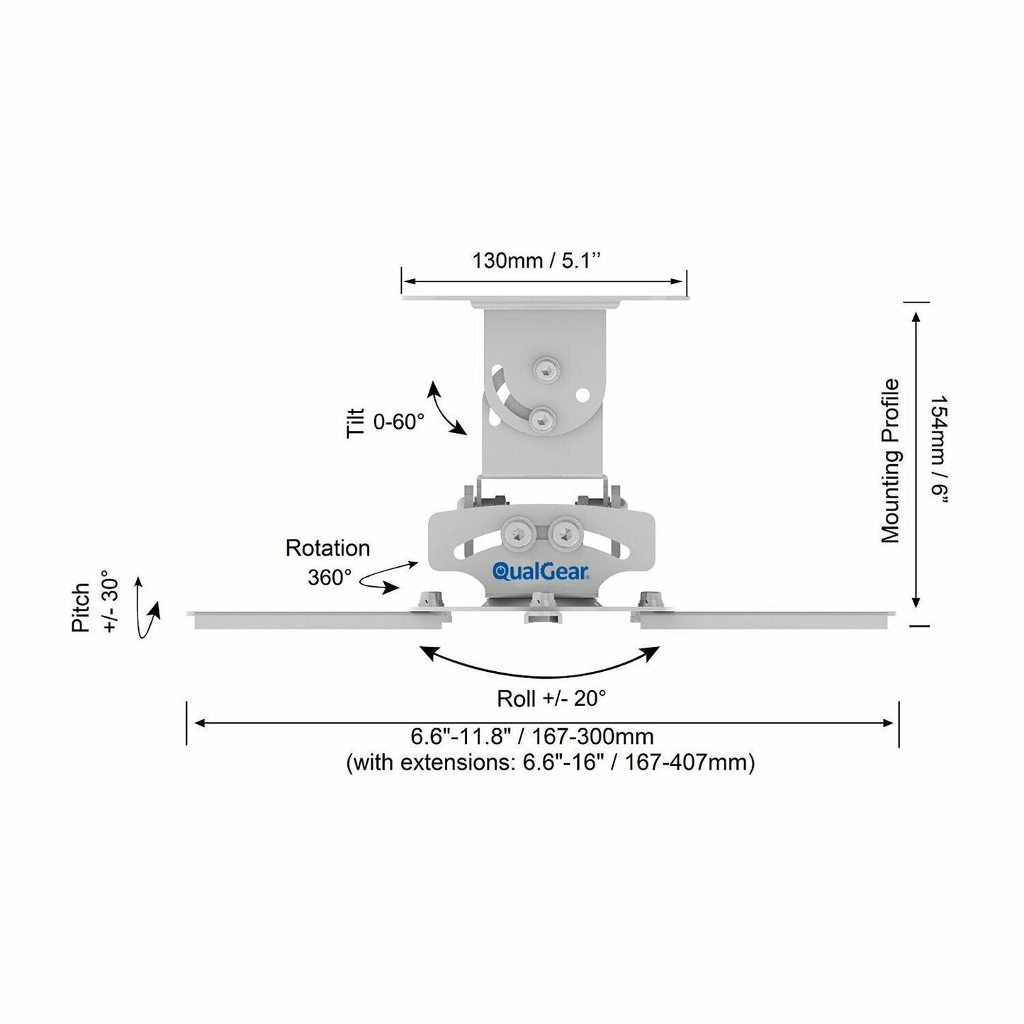 QualGear® PRB-717-WHT 6.6" - 16" Top Quality Universal Ceiling Projector Mount