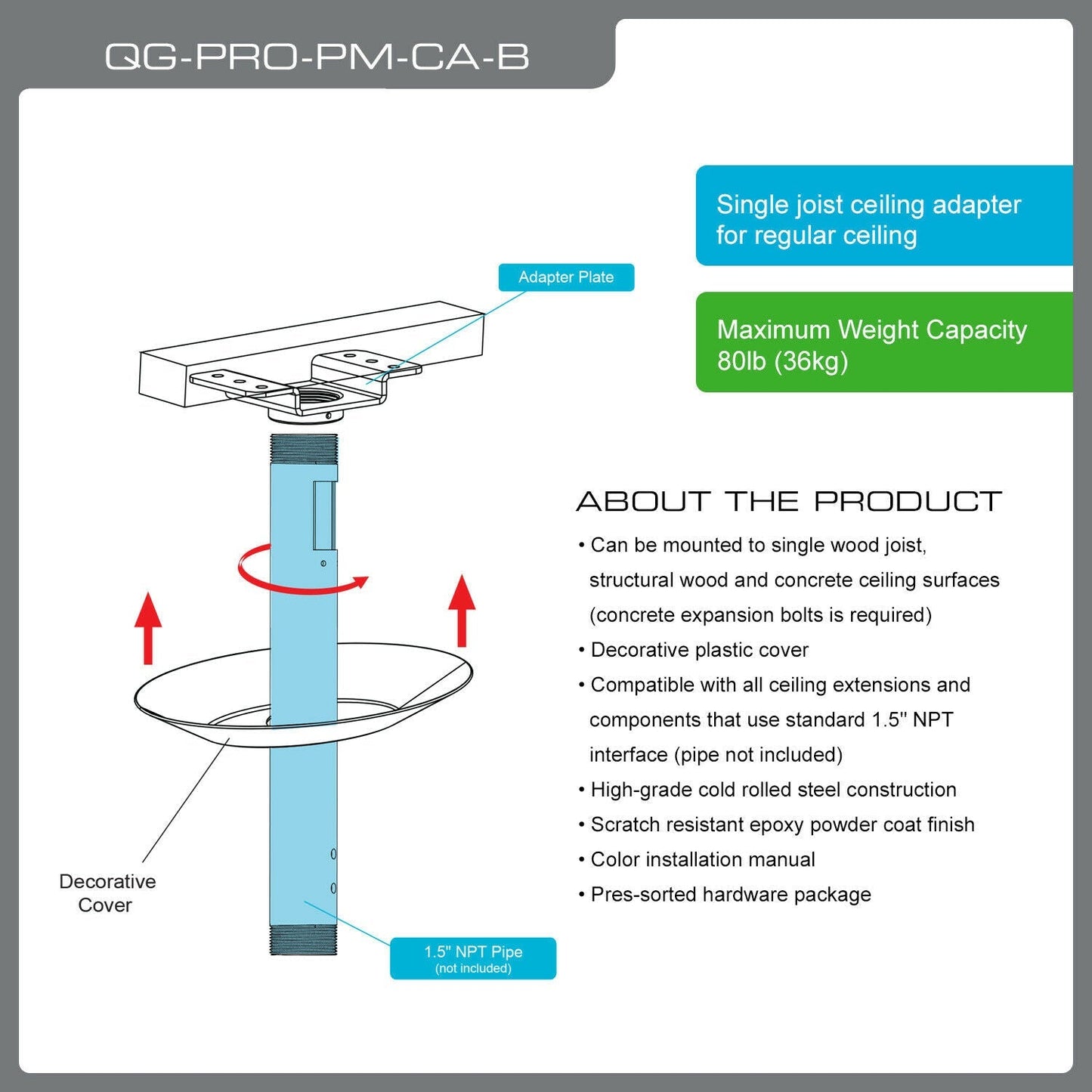 QualGear® QG-PRO-PM-CA-B Pro-AV 1.5" Single Joist Ceiling Adapter for Projector