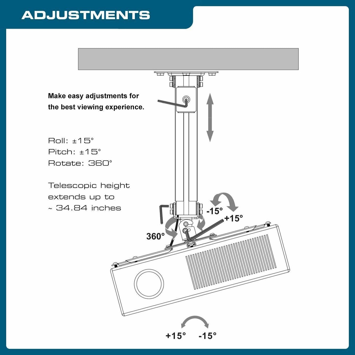 QualGear® QG-PM-002-BLK-L High Quality Universal Long Ceiling Projector Mount