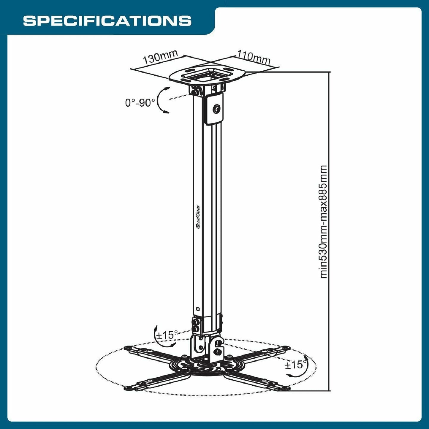 QualGear® QG-PM-002-WHT-L Universal Best Quality Long Ceiling Projector Mount
