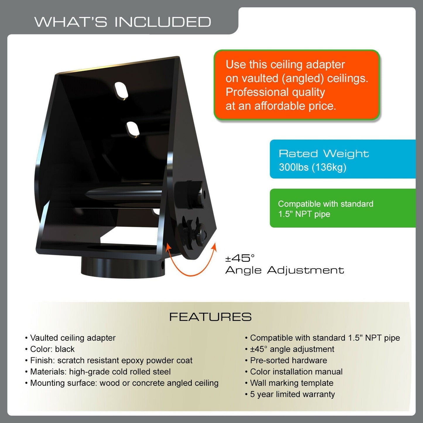 QualGear® QG-PRO-PM-VCA-B Pro-AV 1.5" Pipe Ceiling Adapter Projector Accessory
