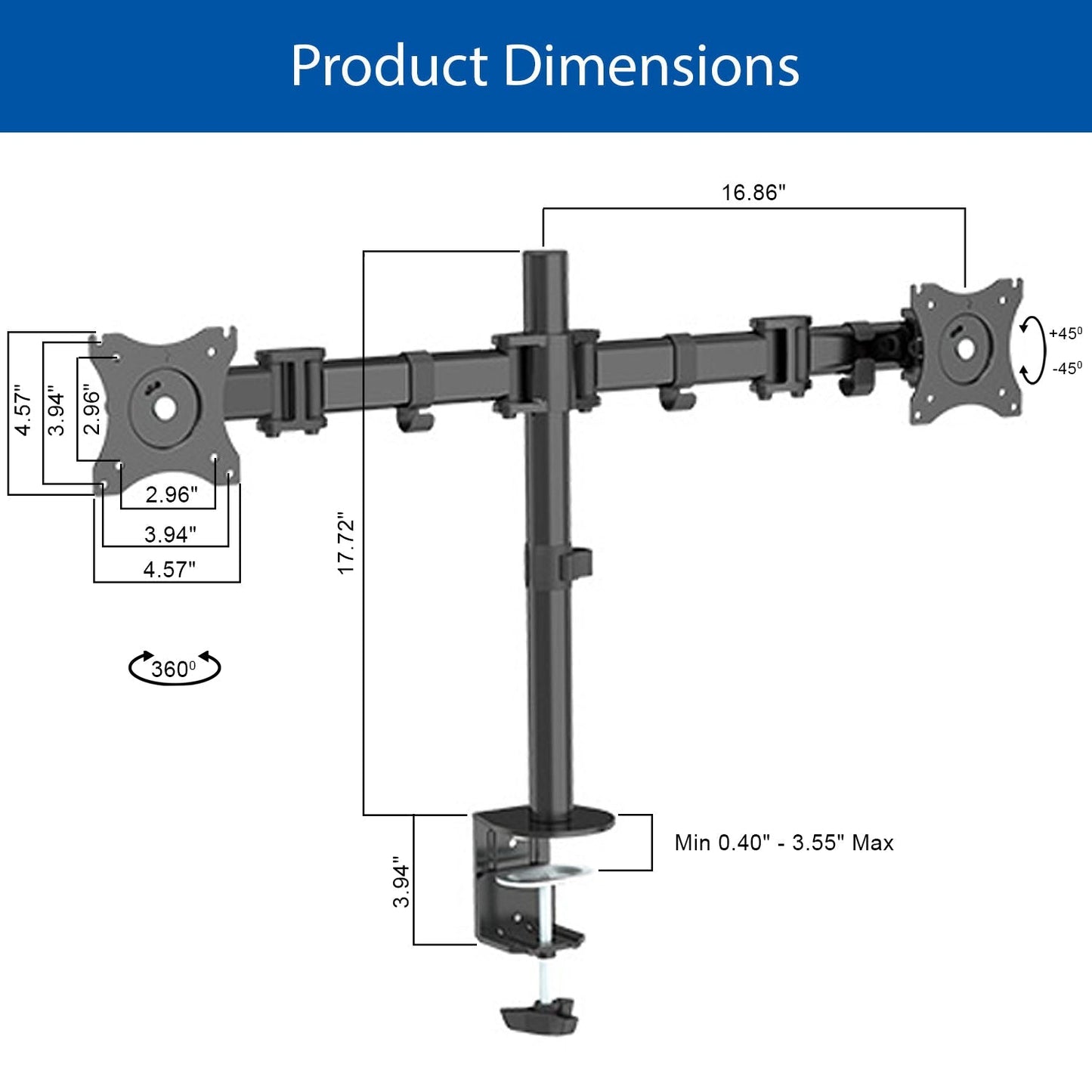 QualGear® QG-DM-02-22 13-27 Inch 3-Way Articulating Dual Monitor Desk Mount