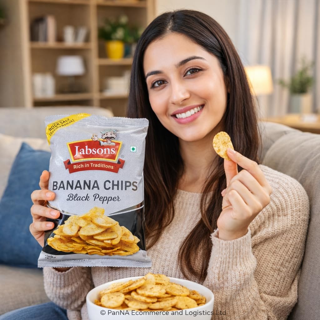 Jabsons Banana Chips Classic Salted 150g – Crispy Salted Banana Chips with Rock Salt | Indian Namkeen Snack | Pack of 24