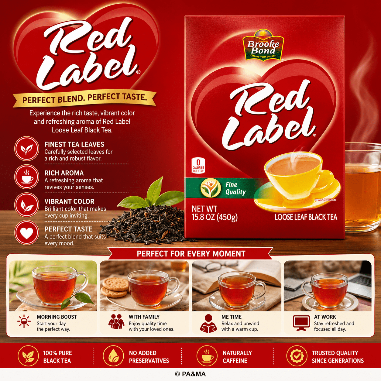 Brooke Bond Red Label Black Tea 450g – Premium Loose Leaf Black Tea for Strong Chai | Rich Taste & Aroma | Everyday Tea Pack
