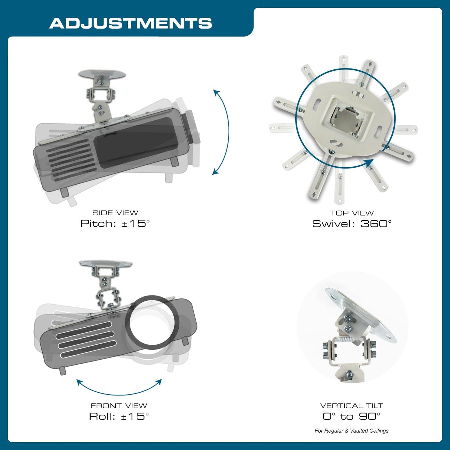 QualGear® QG-PM-002-WHT-S High Quality Easy Installatio Projector Ceiling Mount