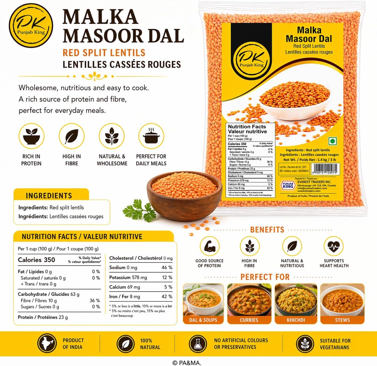 Punjab King Malka Masoor Dal 1.4kg (3lb) – Red Split Lentils | High Protein Indian Dal for Healthy Cooking