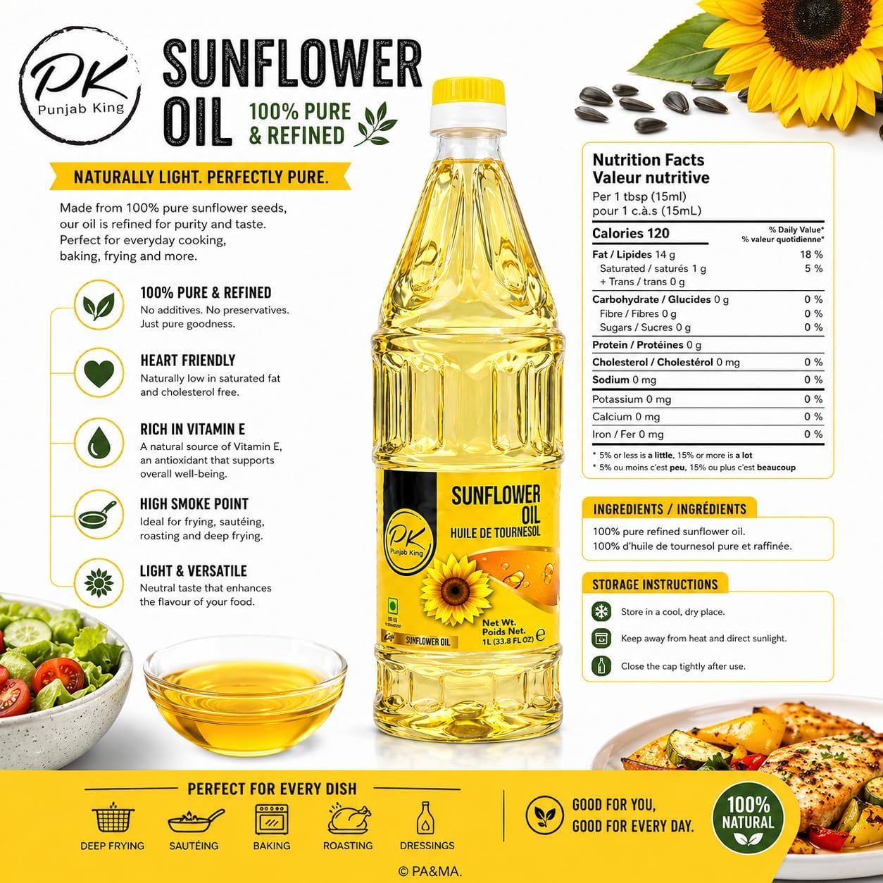 PK Punjab King Sunflower Oil 1L – Refined Cooking Oil | Light & Healthy Edible Oil | Ideal for Frying & Cooking