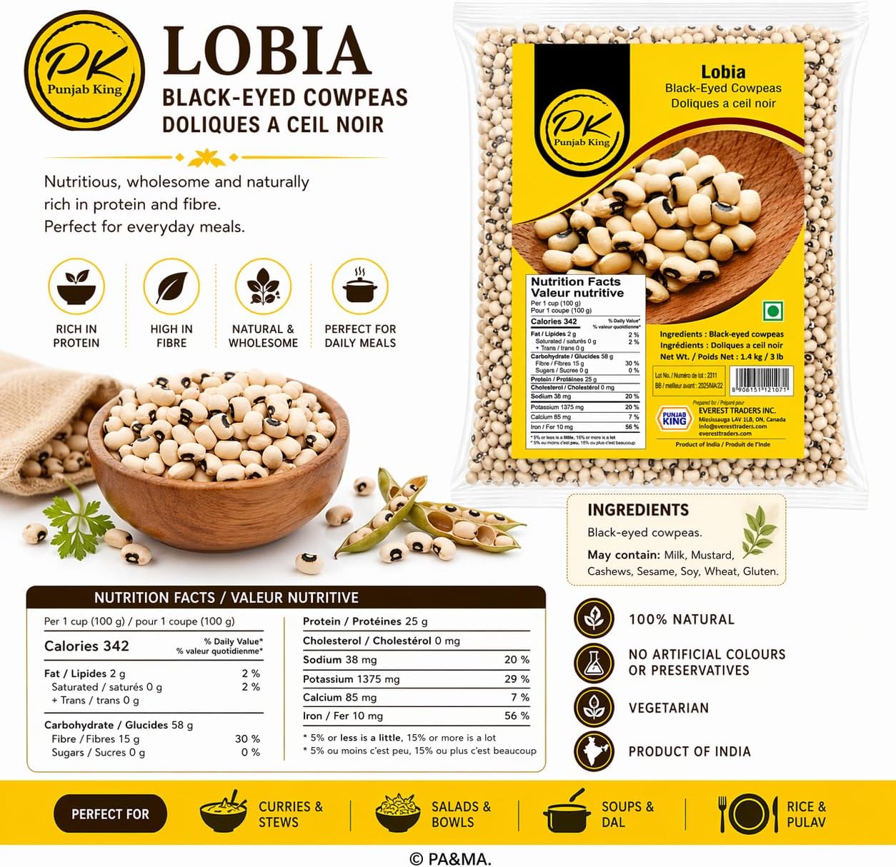 Punjab King Lobia (Black-Eyed Cowpeas) 1.4kg (3lb) – Whole Black Eyed Beans | High Protein Indian Legumes for Cooking