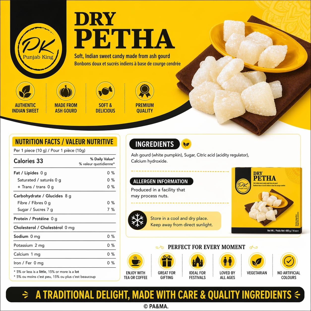 Punjab King Dry Petha 400g – Traditional Indian Sweet (Ash Gourd Candy) | Soft & Sugary Mithai Snack, Ready-to-Eat Dessert