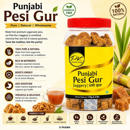 PK Punjabi Pesi Gur (Jaggery) 1 kg – Traditional Unrefined Cane Sugar | Natural Sweetener | Authentic Punjabi Gur