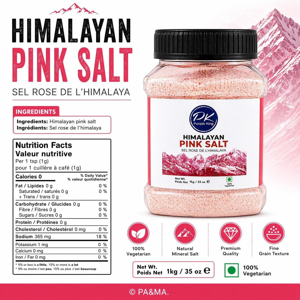 Punjab King Himalayan Pink Salt 1kg – Natural Rock Salt | Mineral Rich, Unrefined Pink Salt for Cooking & Seasoning