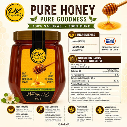PK Punjab King Pure Honey 500g – 100% Natural Amber Honey | Pasteurized Liquid Honey | No Added Sugar