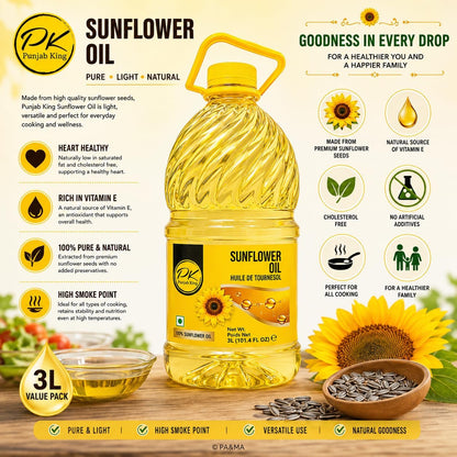 PK Sunflower Oil 3 L (101.4 fl oz) – Pure Cooking Oil for Frying, Sautéing, Baking & Everyday Cooking