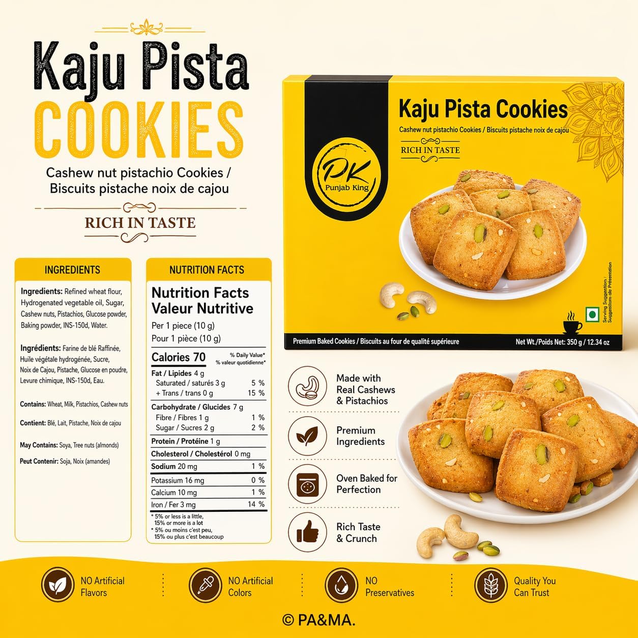 Punjab King Kaju Pista Cookies 350g – Cashew Pistachio Biscuits | Premium Indian Cookies, Rich & Crunchy Tea-Time Snack
