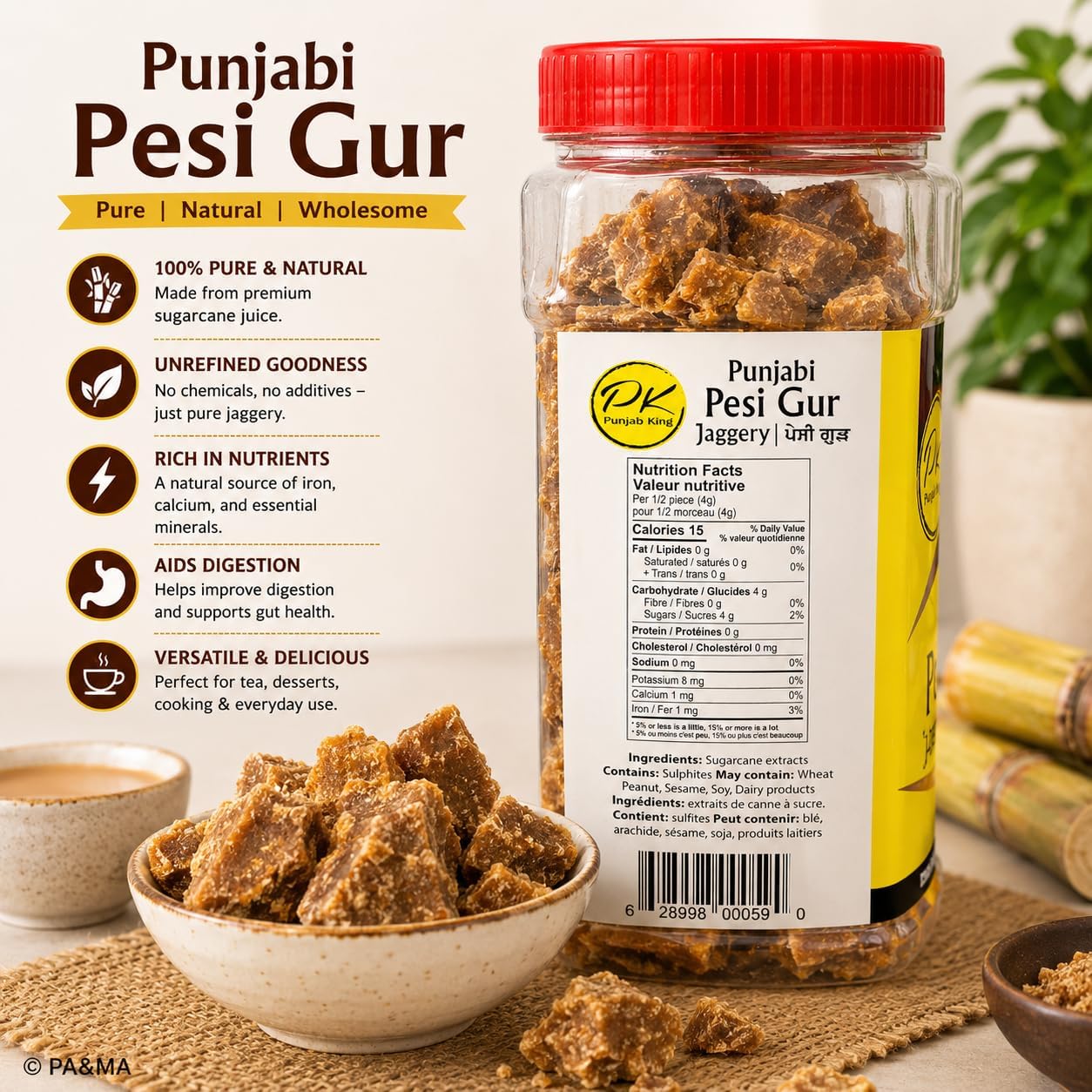 PK Punjabi Pesi Gur (Jaggery) 1 kg – Traditional Unrefined Cane Sugar | Natural Sweetener | Authentic Punjabi Gur
