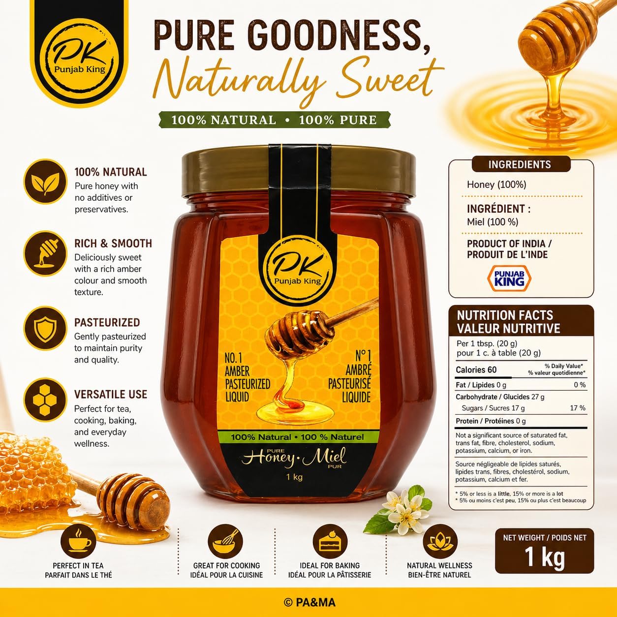 PK Punjab King Pure Honey 1kg – 100% Natural Amber Honey | Pasteurized Liquid Honey | No Added Sugar