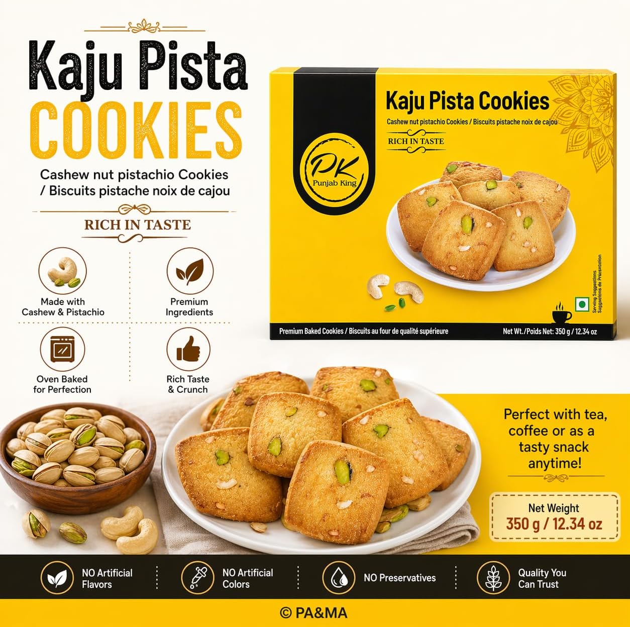 Punjab King Kaju Pista Cookies 350g – Cashew Pistachio Biscuits | Premium Indian Cookies, Rich & Crunchy Tea-Time Snack