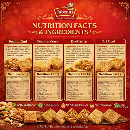 Jabsons Chikki Peanut Gud 400g – Traditional Peanut Brittle with Jaggery | High Protein Indian Sweet | 8g Protein Snack