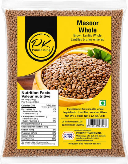 Punjab King Masoor Whole 1.4kg (3lb) – Brown Whole Lentils | High Protein Indian Dal | Product of India